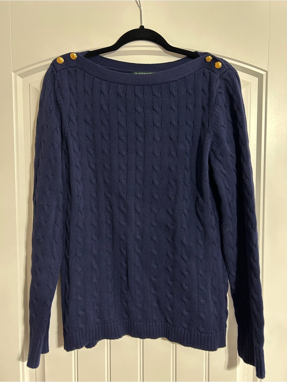Ralph Lauren Navy Cable Knit Crewneck Sweater with Gold Buttons